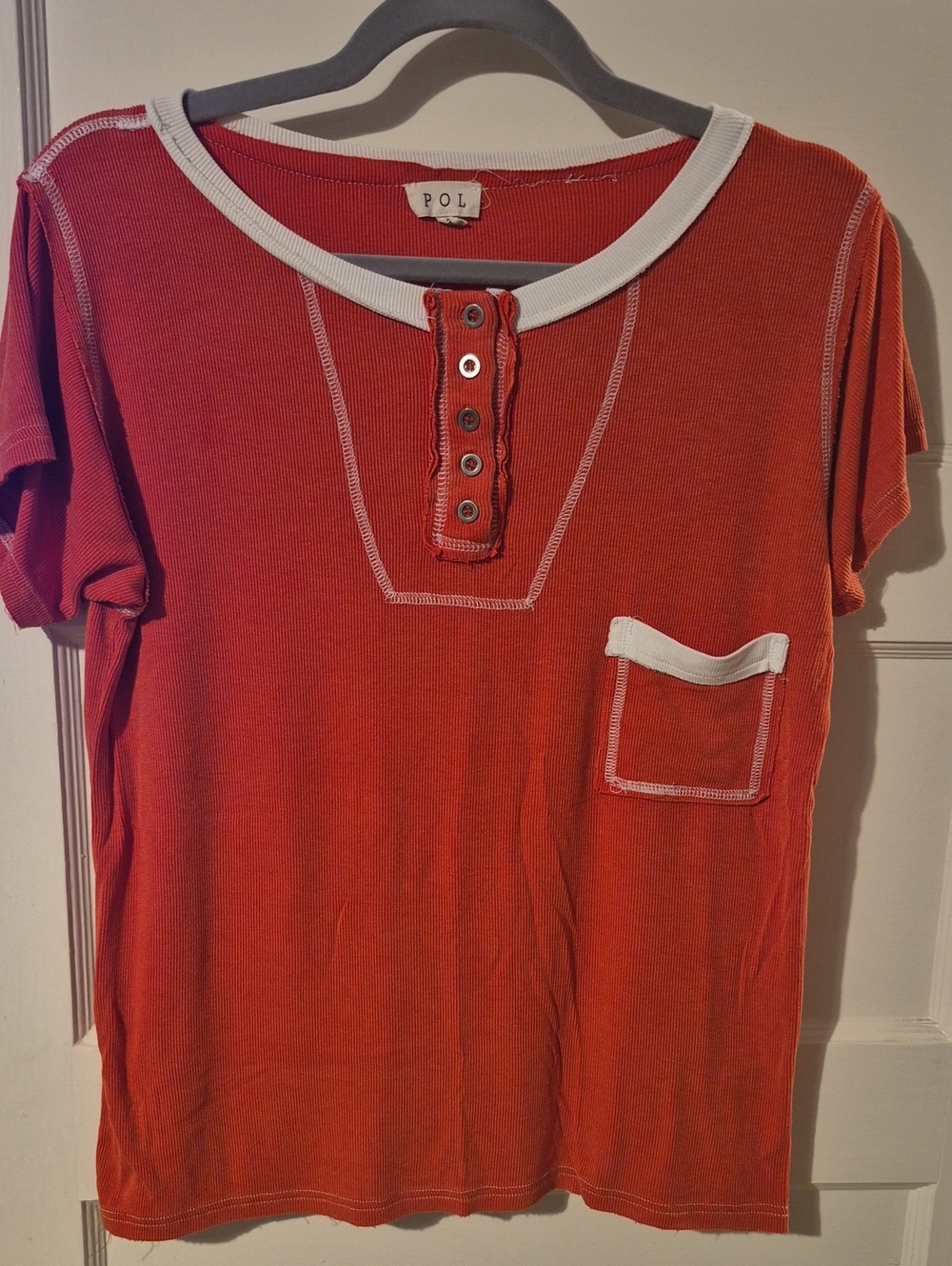 POL Orange Short Sleeve Henley Tee with White Trim and Pocket